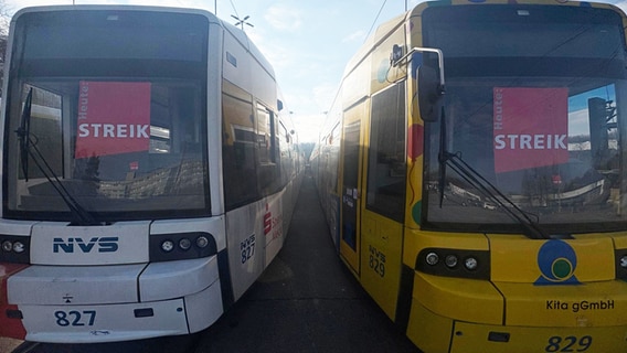 Zwei Busse stehen nebeneinander. Diese Busse haben ein Schild. Auf diesem Schild steht: Streik. © NDR Foto: Karsten Schatka