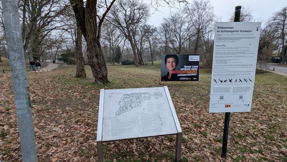 Ein Wahlplakat des BSW steht im Schweriner Schlossgarten. © Chris Loose Foto: Christoph Loose