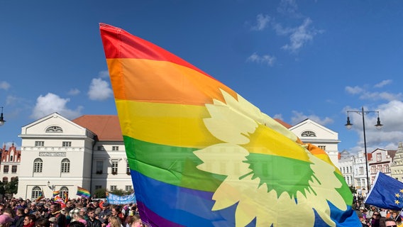 Bunt gekleidete Teilnehmer beim ersten Christopher Street Day in Wismar. © dpa-Bildfunk Foto: Stefan Sauer