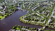 Eine Luftaufnahme des Hamburger Stadtteils Winterhude und der Außenalster mit vielen Bäumen. © imageBROKER Foto: ThomasxRobbin