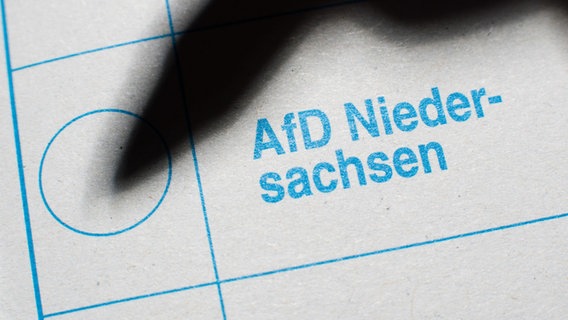 Der Schatten eines Stiftes fällt auf die AfD Niedersachsen auf einen Stimmzettel für die Wahl zum Niedersächsischen Landtag. © dpa picture alliance Foto: Julian Stratenschulte