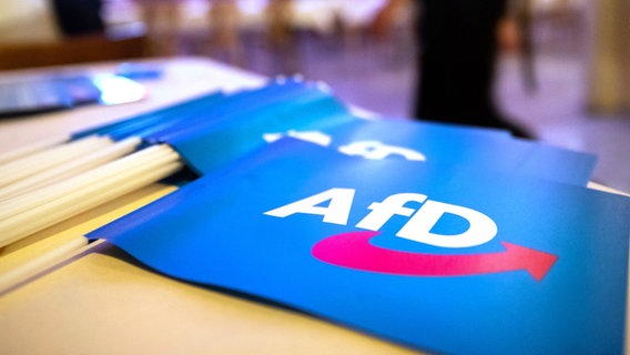 Auf einem Tisch liegen Fahnen mit dem AfD-Logo. © dpa picture alliance Foto: Daniel Karmann