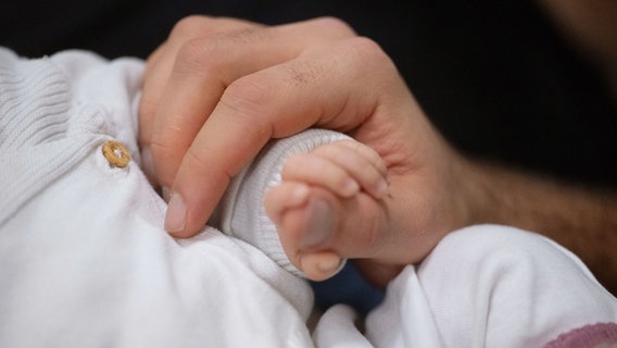 Ein Vater hält die Hand seines Kleinkindes. © picture alliance/dpa Foto: Marijan Murat