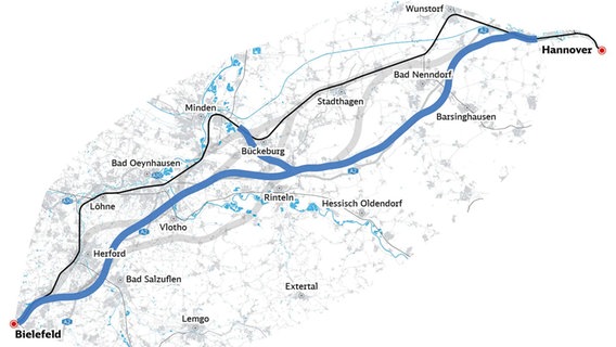 Eine Grafik zeigt eine mögliche Bahntrasse zwischen Hannover und Bielefeld. © DB InfraGO 