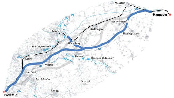 Eine Grafik zeigt eine mögliche Bahntrasse zwischen Hannover und Bielefeld. © DB InfraGO 