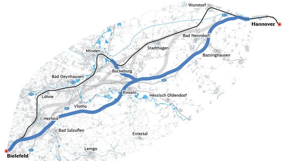 Eine Grafik zeigt eine mögliche Bahntrasse zwischen Hannover und Bielefeld. © DB InfraGO 