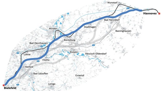 Eine Grafik zeigt eine mögliche Bahntrasse zwischen Hannover und Bielefeld. © DB InfraGO 