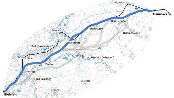 Eine Grafik zeigt eine mögliche Bahntrasse zwischen Hannover und Bielefeld. © DB InfraGO 