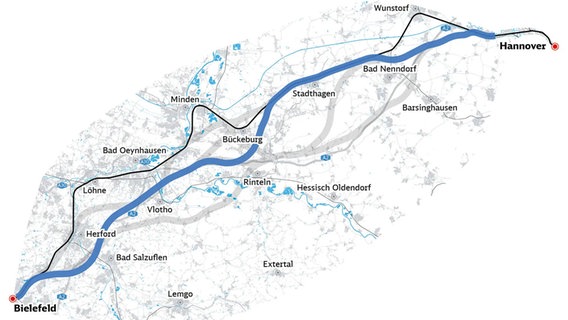 Eine Grafik zeigt eine mögliche Bahntrasse zwischen Hannover und Bielefeld. © DB InfraGO 