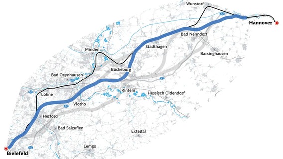 Eine Grafik zeigt eine mögliche Bahntrasse zwischen Hannover und Bielefeld. © DB InfraGO 