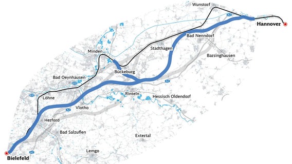 Eine Grafik zeigt eine mögliche Bahntrasse zwischen Hannover und Bielefeld. © DB InfraGO 