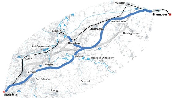 Eine Grafik zeigt eine mögliche Bahntrasse zwischen Hannover und Bielefeld. © DB InfraGO 