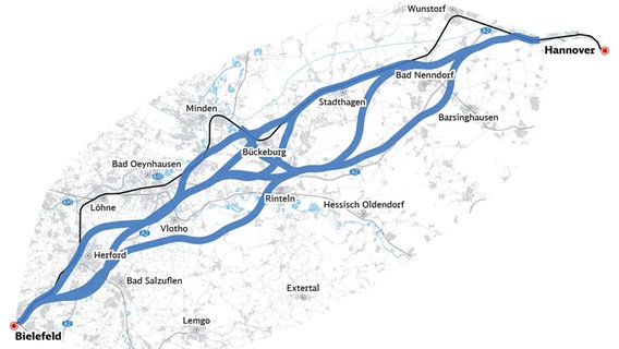 Eine Karte zeigt verschiedene Varianten einer Bahntrasse zwischen Hannover und Bielefeld. © DB InfraGo 