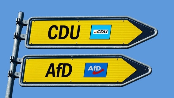 Auf zwei Wegweisern stehen die Schriftzüge "CDU" und "AfD" mit den jeweiligen Partei-Logos. © picture alliance / ZB (Fotomontage) Foto: Sascha Steinach