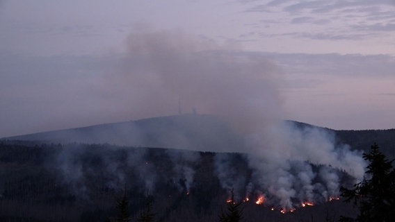 Ein Waldbrand ist bei Dämmerung nahe des Brockens zu sehen. © Nord-West-Media TV 