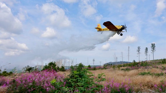 Das Löschflugzeug Hexe 1 aus dem Landkreis Harz ist im Anflug auf ein Einsatzgebiet im Landkreis Goslar. © dpa-Bildfunk 