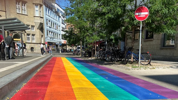 Ein "Regenbogen-Zebrastreifen" steht in Braunschweig als Zeichen für Vielfalt. © NDR Foto: Frank Ihben