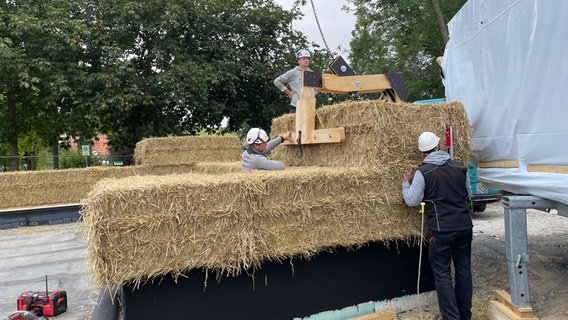 Drei Männer legen mit Hilfe einer Kranklammer einen schweren Strohballen auf eine Wand aus Strohballen. © NDR Foto: Jan Fragel