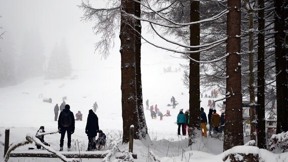 Menschen stehen unter Bäumen vor einem Rodelberg auf dem Schnee liegt. © dpa-Bildfunk Foto: Swen Pförtner