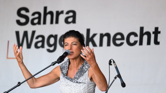 Die Politikerin Sahra Wagenknecht hält eine Rede und breitet ihre Arme dabei aus © picture alliance/dpa Foto: Robert Michael