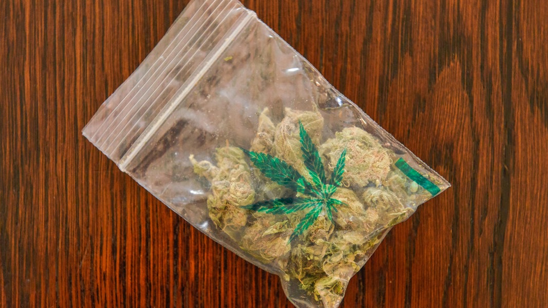 Ein Beutel mit einer Cannabis-Blüte liegt auf einem Tisch.