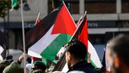 Teilnehmer einer pro-palästinensischen Demonstration in Köln schwenken Palästinenser-Flaggen. © picture alliance / Panama Pictures | Alexander Franz Foto: Alexander Franz