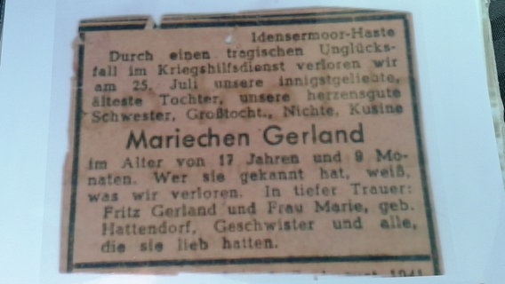 Traueranzeige für Marie Gerland, die bei einem Unglück in Diekholzen im Jahr 1944 ums Leben kam. © privat 