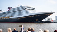 Papenburg: Das neugebaute Kreuzfahrtschiff "Disney Treasure" wird mit Schleppern von der Meyer Werft zur Schleuse gezogen. © dpa-Bildfunk Foto: Sina Schuldt