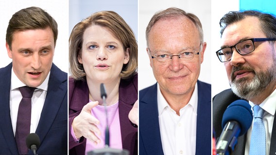 Eine Fotomontage zeigt Sebastian Lechner (CDU), Julia Hamburg (Grüne), Stephan Weil (SPD) und Klaus Wichmann (AfD) nebeneinander. © Picture Alliance 
