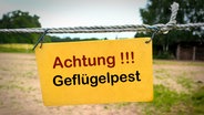 Ein Schild mit der Aufschrift "Achtung Geflügelpest" hängt am Eingang eines Bauernhofes in Deutschland. © picture alliance/Zoonar Foto: Heiko Kueverling