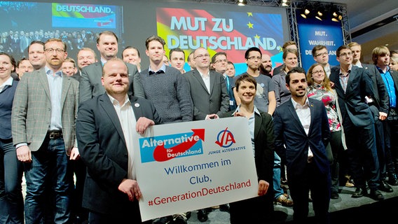 AFD-Mitglieder posieren beim AFD-Parteitag in Hannover. © dpa-bildfunk Foto: Julian Stratenschulte