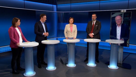 "Hannover Runde" zur Bundestagswahl: Von li nach re Julia Hamburg (Grüne), Sebastian Lechner (CDU), Martina Thorausch (NDR), Klaus Wichmann (AfD), Stephan Weil (SPD, zugeschaltet aus Berlin). © NDR 