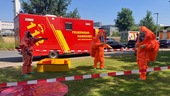 Feuerwehrleute in orangenen ABC-Schutzanzügen stehen vor einem roten Feuerwehrauto und mehreren Krankenwagen auf einer grünen Wiese. © Feuerwehr Hannover 
