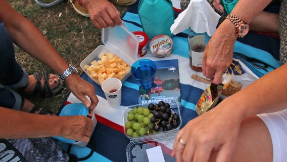 Besucher haben Käse, Weintrauben und andere Kleinigkeiten zum Picknicken beim NDR Klassik Open Air 2018 (Generalprobe) im Maschpark ausgepackt. © NDR Foto: Julia Scheper