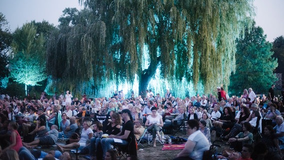 Das Bäume und Besucher beim NDR Klassik Open Air 2018 (Generalprobe) in buntes Licht getaucht. © NDR Foto: Julius Matuschik