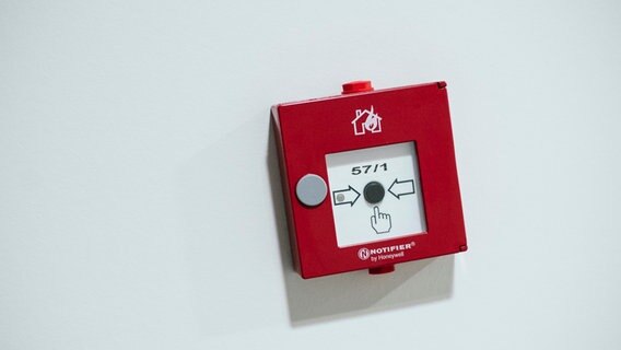 An einer Wand ist ein Alarmknopf für einen Feueralarm zu sehen. © NDR Foto: Julius Matuschik