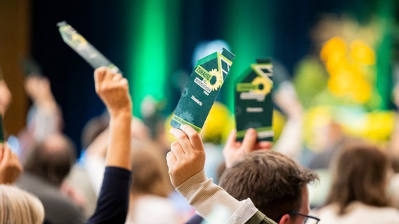 Delegierte halten beim Landesparteitag von Bündnis 90/Die Grünen Niedersachsen Stimmkarten in der Stadthalle Gifhorn hoch. © picture alliance/dpa Foto: Michael Matthey