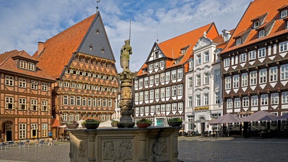 Historischer Marktplatz mit Rolandbrunnen, Bäckeramtshaus und Knochenhaueramtshaus in Hildesheim. © picture alliance / imageBROKER Foto: Stefan Ziese