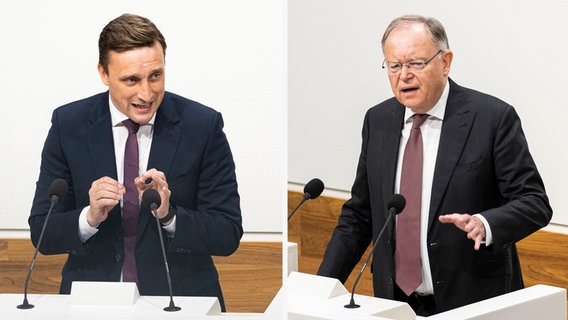 Der Fraktionsvorsitzende der CDU, Sebastian Lechner, und der niedersächsische Ministerpräsident, Stephan Weil, am Rednerpult bei einer Debatte im Landtag. © dpa Foto: Michael Matthey