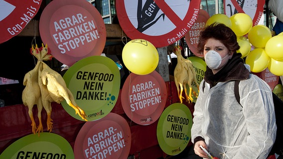 Campact-Aktion: Eine junge Frau mit Mundschutz protestiert gegen gentechnisch veränderte Nahrungsmittel. © Picture Alliance 