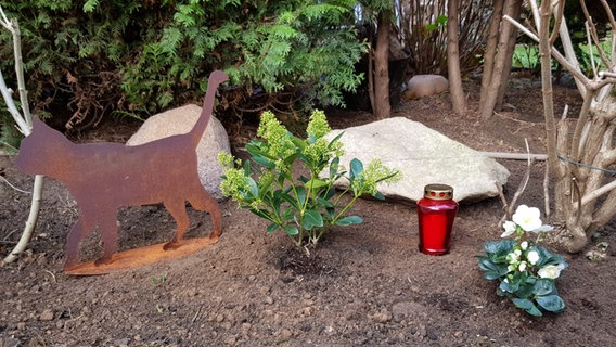 Die Silhouette einer Katze aus einem Blech, Blumen und ein Grablicht © privat Foto: Jan Schiffers