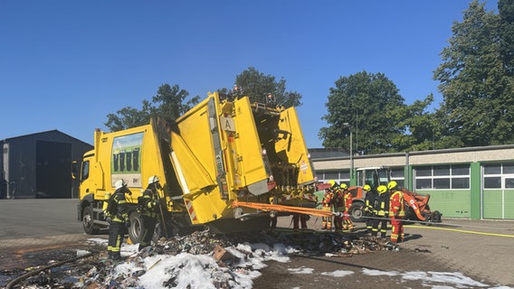 Vor einem gelben Müllwagen liegt verbrannter Abfall. Die Ladeklappe ist vom gelöschten Feuer rußig-schwarz. © Feuerwehr Algesdorf 