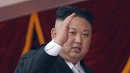 Kim Jong Un hält die Hand zum Gruß gehoben. © AP/dpa Foto: Wong Maye-E