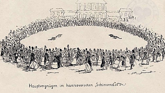 Die historische Federzeichnung „ Aus dem Hannoverschen Leben“ von 1846 zeigt Leute beim Schützenfest in Hannover. © Historisches Museum Hannover 