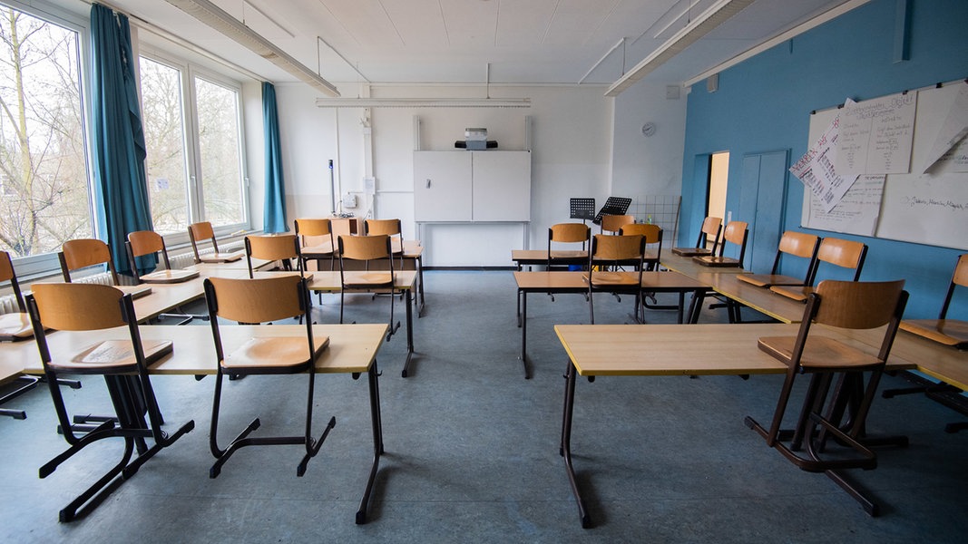 Stühle stehen oben auf Tischen in einem Klassenzimmer.
