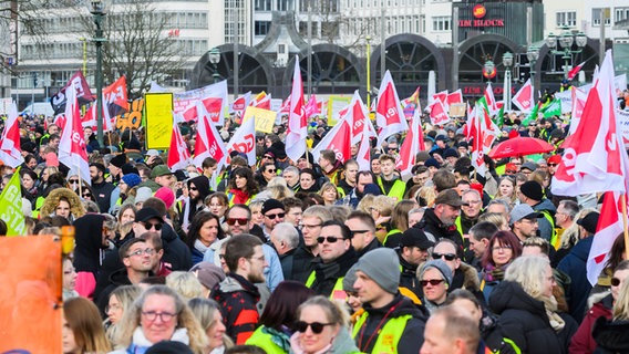 Beschäftigte des öffentlichen Dienstes stehen bei einer Streikkundgebung auf dem Opernplatz. © picture alliance/dpa | Julian Stratenschulte Foto: Julian Stratenschulte