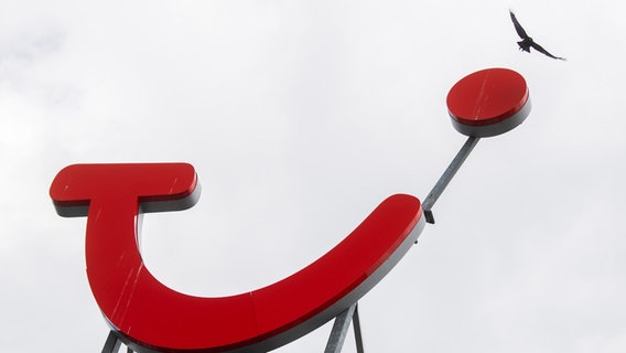 Eine Krähe fliegt über das Logo der Tui Group am Firmensitz. © picture alliance/Julian Stratenschulte/dpa Foto: Julian Stratenschulte