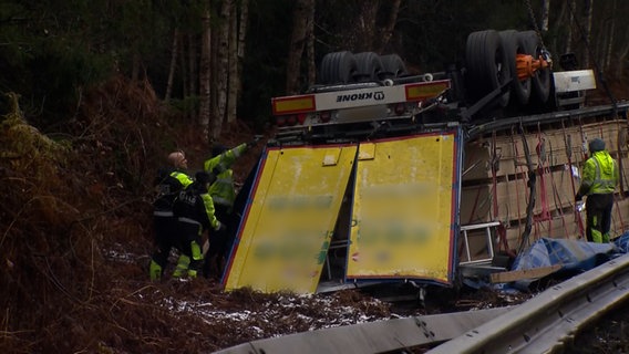 Der Anhänger eines Lkw liegt auf dem Grünstreifen der Autobahn 7. © NonstopNews 