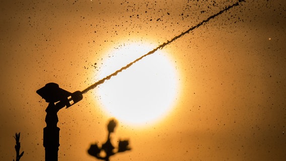 Ein Wassersprenger beregnet bei Temperaturen um dem Gefrierpunkt eine Plantage voller Apfelbäume. © Julian Stratenschulte/dpa Foto: Julian Stratenschulte