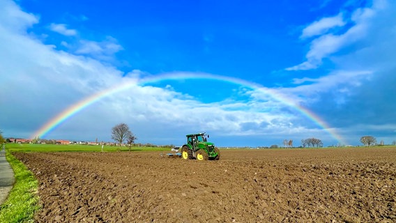 Ein Traktor fährt Zuckerrübensaat auf ein Feld aus im Hintergrund ist ein Regenbogen zu sehen. © NDR Foto: Cord Narten